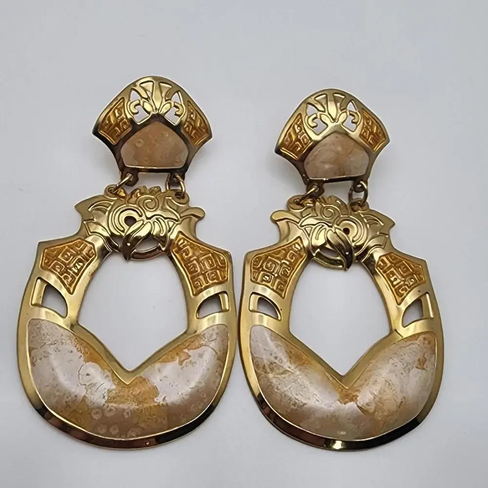 Vintage Berebi Gold Tone, Cream, & Yellow Enamel Dangling Statement Earrings